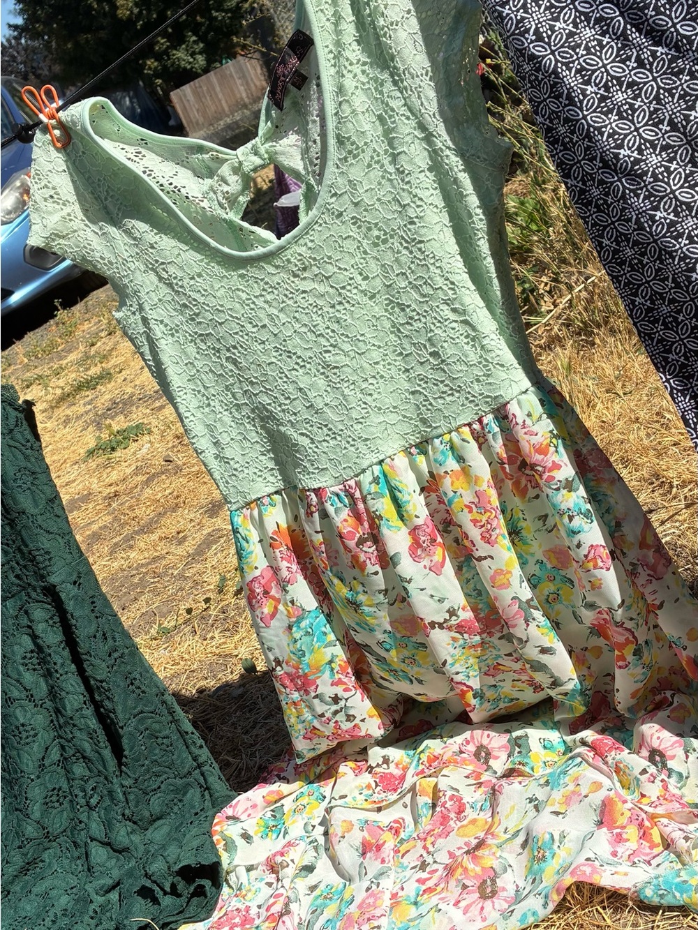 Girls Mint Lace Bodice Floral Tiered Skirt Dress